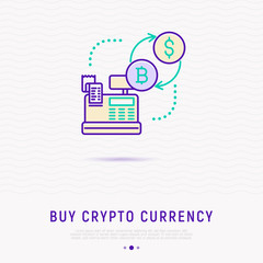 Buy cryptocurrency concept: cash machine, bitcoin, dollar thin line icons. Modern vector illustration.