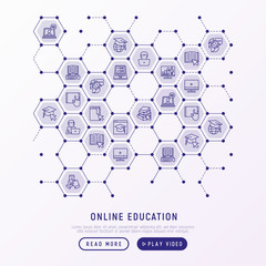 Online education concept in honeycombs with thin line icons: online course, webinar, e-book, video conference, home studying, owl in graduation cup. Modern vector illustration for school web page.