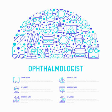 Ophthalmologist concept in half circle with thin line icons: glasses, eyeball, vision exam, lenses, eyedropper, spectacle case. Modern vector illustration for banner, print media, web page.