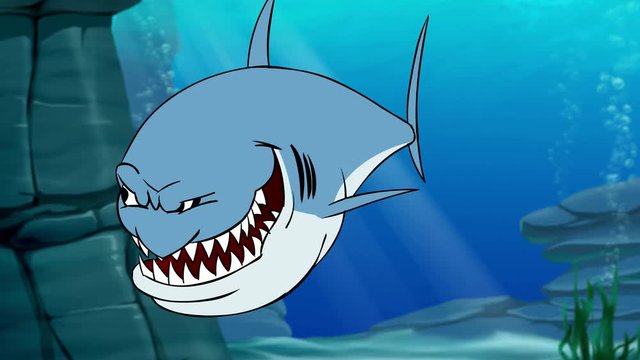 Funny angry shark underwater. Animated cartoon character.