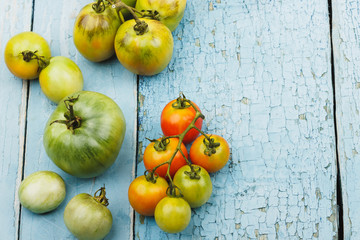 Set of ripe tomatoes on the blue wooden background