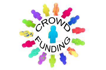 Viele Figuren oder Männchen im Kreis, Wort Crowdfunding, Konzept Crowd funding