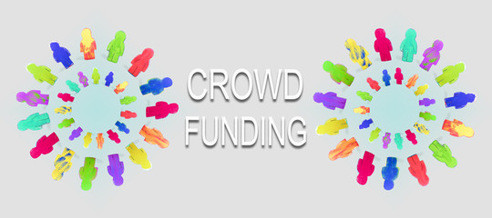 Fototapeta na wymiar Banner mit bunten Figuren im Kreis, Wort Crowdfunding, Konzept Investoren und Kapitalanlage