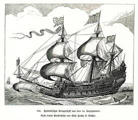 16th century duch warship, copper engraving by Claes Janszoon Visscher (from Spamers Illustrierte Weltgeschichte, 1894, 5[1], 723)