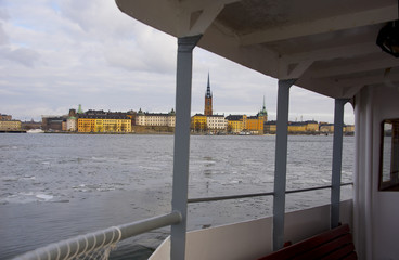 Riddarholmen The Knights' Islet a winter day in Stockholm, seen from a ferry