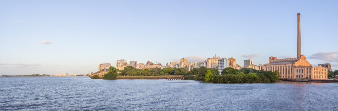 Cityview with Gasometro and Guaiba Lake at sunset, Porto Alegre