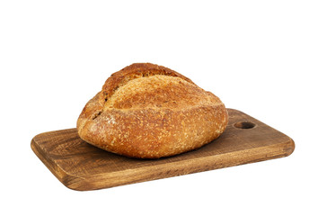 Bread loaf on a wooden chopping board isolated on white background