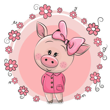 Greeting card Cute Pig with flowers