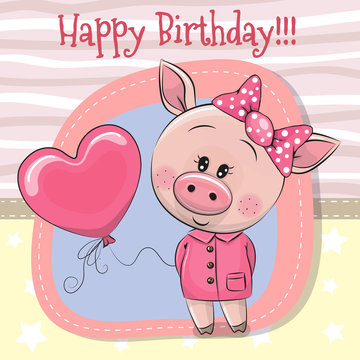 Greeting card Cute Pig girl with balloon