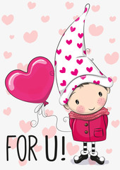 Cute Cartoon gnome with balloon heart