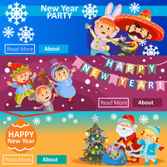 Vector Christmas carnival party, matinee invitation, three posters with children in costumes, Santa Claus, gifts, snowman. Web banners with group boys and girls in masquerade costumes, New Year tree.