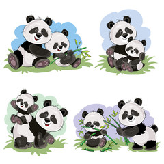 Cute baby panda bear and its mother playing on grass, eating bamboo stems and leaves, vector cartoon illustration. Wild animal funny characters for kids books, t-shirt print, cards, posters for zoo © vectorpocket