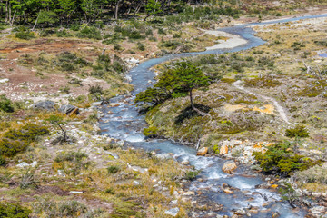 Stream in Laguna Esmeralda trail with  mountains and vegetation