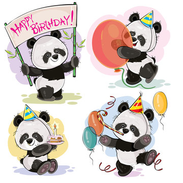 Set vector cute baby panda bears in cardboard hats, with cake and candle, with happy birthday banner, balloons and whistle cartoon illustration. Clipart, print for greeting cards, party invitations