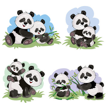 Cute baby panda bear and its mother playing on grass, eating bamboo stems and leaves, vector cartoon illustration. Wild animal funny characters for kids books, t-shirt print, cards, posters for zoo