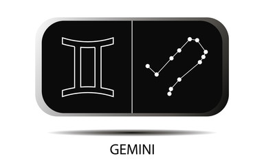 Vector. Simple geometric zodiac sign and constellation Gemini on black background with title. Detailed stylish icon for cards. Modern style drawing