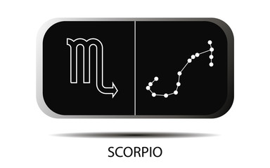 Vector. Simple geometric zodiac sign and constellation Scorpio on black background with title. Detailed stylish icon for cards. Modern style drawing