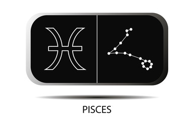 Vector. Simple geometric zodiac sign and constellation Pisces on black background with title. Detailed stylish icon for cards. Modern style drawing