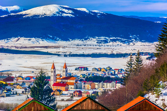 Winter landscape Kupres Bosnia. / Scenic aerial view at Kupres ski resort in Eastern Europe, winter landscape.