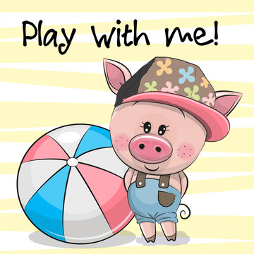 Cute Pig with a ball on a yellow background