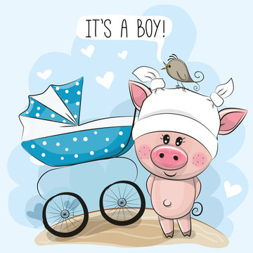 Greeting card its a boy with baby carriage and Piggy