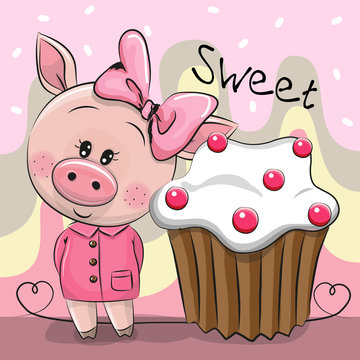 Greeting card Cute Pig with cake