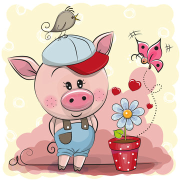 Greeting card cute Pig with flower