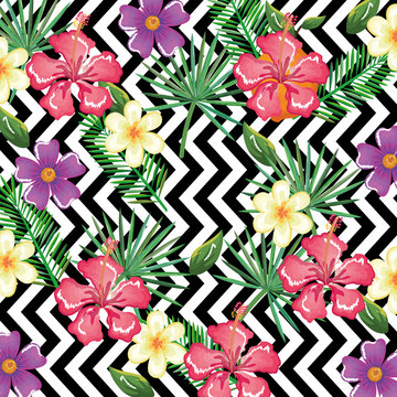 tropical flower with abstract background vector illustration design leaves and flowers, summer and geometric pattern