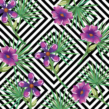tropical flower with abstract background vector illustration design leaves and flowers, summer and geometric pattern
