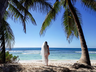 Bride in veil on the beach under the palm trees
