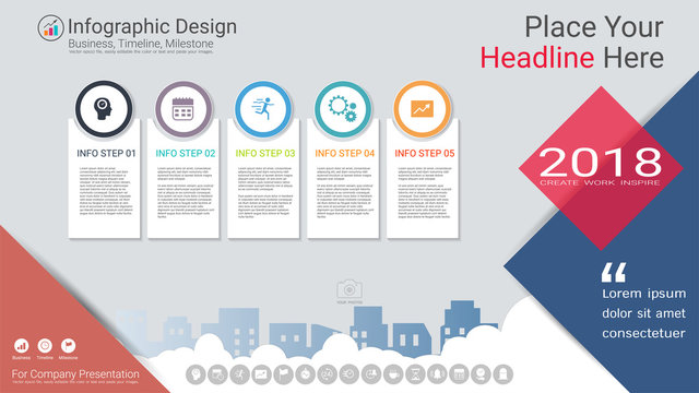 Business infographics template, Milestone timeline or Road map with Process flowchart 5 options, Strategic plan to define company values, Scheduling in project management to make facts and statistics.