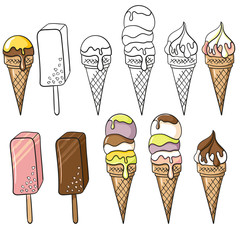 Ice Cream set in cartoon style. Color and outline versions