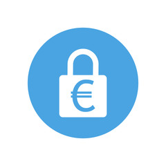 Lock icon. Padlock sign. Euro. Finance protection. Vector illustration. Flat design. White on blue background.