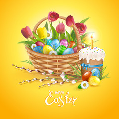 Easter composition with realistic glossy eggs in basket, cake, candle, willow twigs, flowers daisy and tulips. Inscription Happy Easter. Yellow background. Template for cards, banners, posters