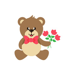 cartoon cute bear sitting with tie and flowers