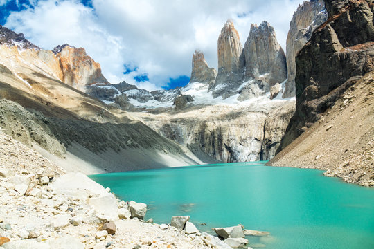 Beautiful mountain lake in national park Torres del Paine, landscape of Patagonia, Chile, South America
