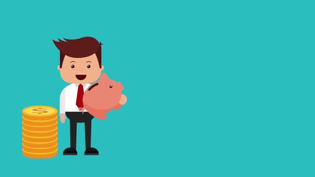 business man with pile of coins and piggy bank money icons animation design