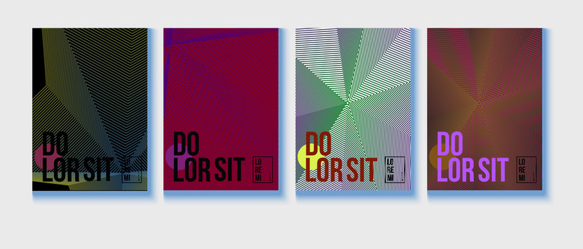 Neon Halftone Covers Set. Trendy Blend Lines Corporate Identity. Futuristic Posters, Geometric Business Backgrounds. Halftone Minimal Presentation Covers. Neon Colored Iridescent Print Design.