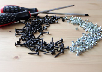 A working tool, a screwdriver and screws