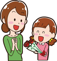 母の日：カーネーションをプレゼントする娘と受け取るお母さんのイラスト