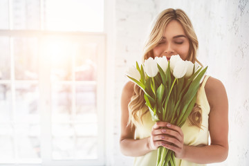 Young woman with tulips