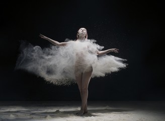 Obraz na płótnie Canvas Woman dancing gracefully in dust cloud view