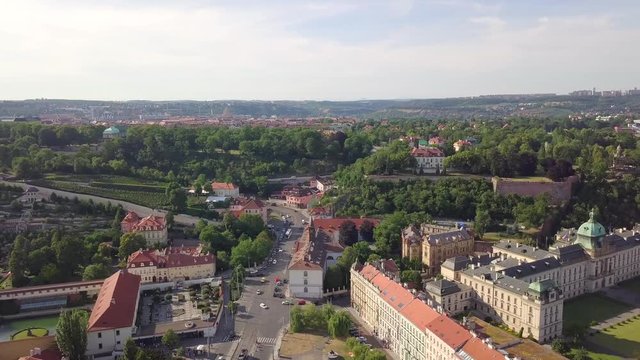 Aerial Prague Mala Strana panorama from Wallenstein Palace to Vltava