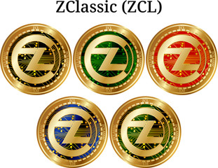 Set of physical golden coin ZClassic (ZCL), digital cryptocurrency. ZClassic (ZCL) icon set. 