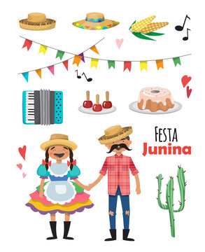 Festa Junina - Brazil June Festival. Folklore Holiday. Characters. Vector set.