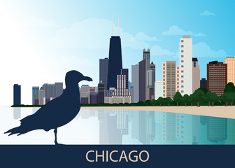 USA Urban Chicago city background with silhouette of sitting bird seagull, skyscrapers, lake Michigan and blue sky. Panorama, view, cityscape. Vector EPS 10