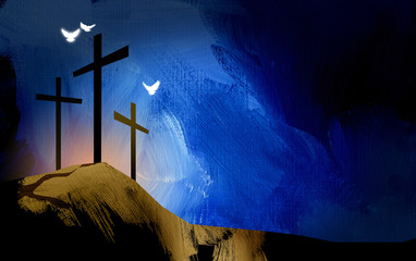 Graphic Christian crosses of Jesus with spiritual doves / Simple, dramatic composition of the scene of Christ's ultimate sacrifice. Beautiful as Easter or general worship art.