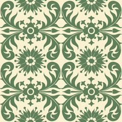 Seamless floral ethnic pattern. Vector ornament, traditional Russian motif with flowers and acanthus leaves, green on ecru background. Textile, wallpaper print.