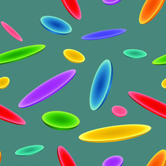 Multicolored abstract seamless pattern, colorful oval semitransparent flying plates, bright vector background
