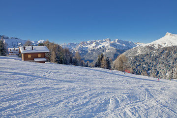 Sunny view of Belvedere valley from Val di Fassa Ski Area, Trentino-Alto-Adige region, Italy